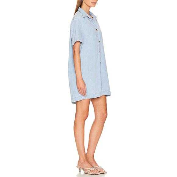 ENZA COSTA Soft Denim Shirt Dress Womens Small Light Blue Short Sleeve Button Up - Picture 2 of 14